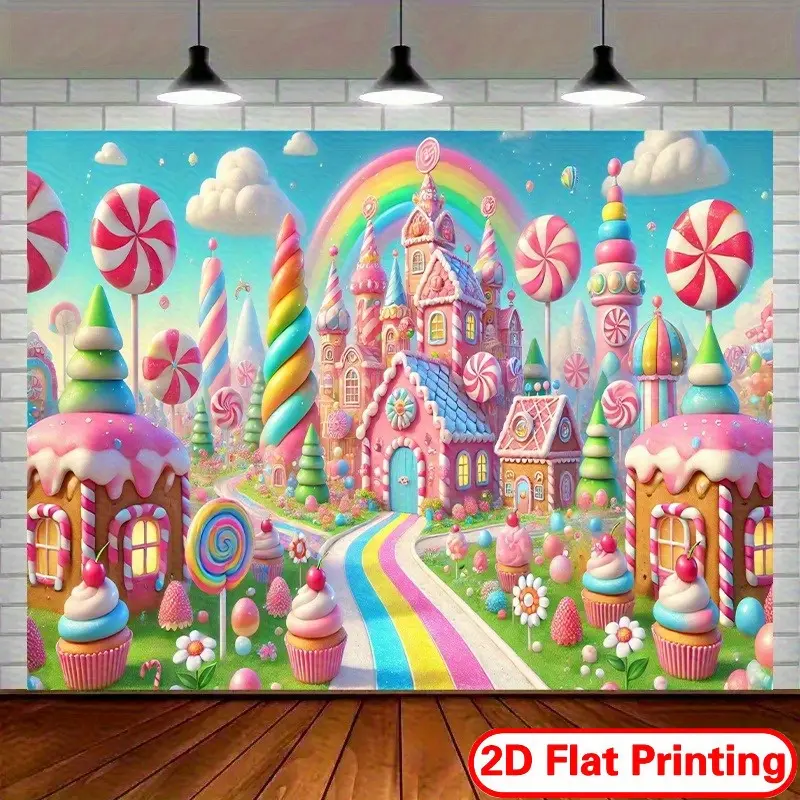 2D plane, 1 piece of candy land background cloth - Sweet Candy Castle and Lollipop Theme 2D Plane Photography Background, No power supply required, applicable for birthday parties, cake photos, weddings, anniversary celebrations