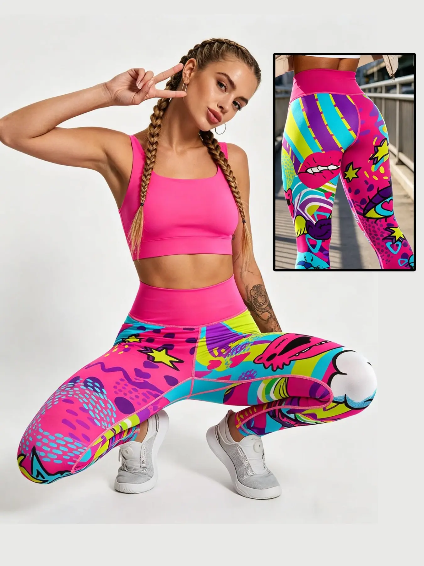 Colourful graffiti-print trousers featuring a cartoon bear, high-saturation, vibrant women's trousers, Perfect for parties, outings, travel and everyday wear, high-stretch, high-waisted, cool and breathable sports trousers, Breathable sports pants