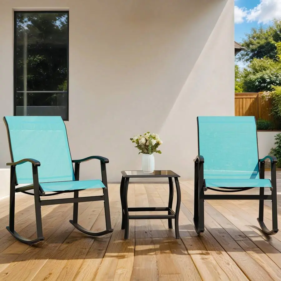 3 Piece Rocking Bistro Set, Outdoor Furniture With Rocker Chairs And Glass Coffee Table Set Of 3