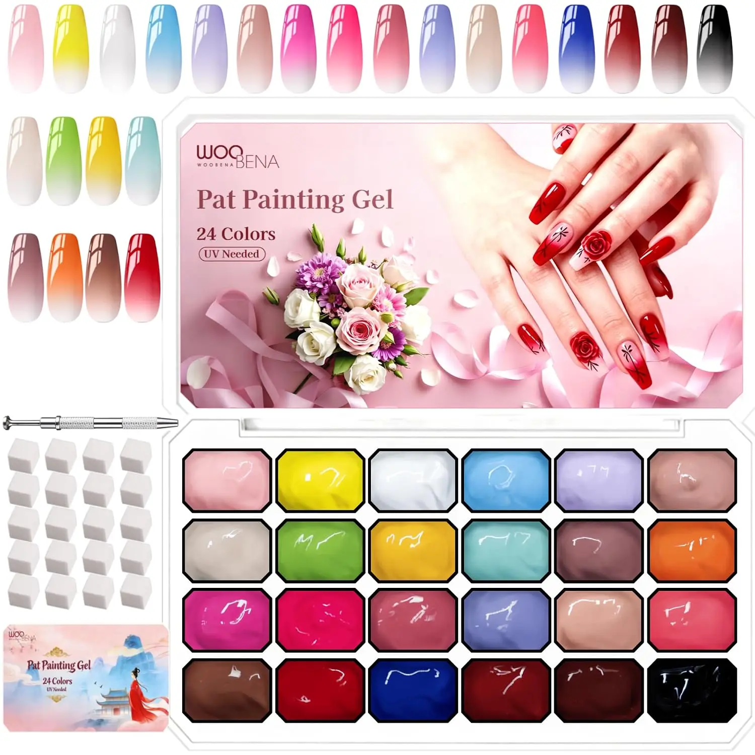 Pat Pat Gradient Gel Nail Polish Set, 24 Colors Palette - Highly Pigmented, UV/LED Cured, for Ombre, French Manicure, DIY Nail Art, with 100 Sponges & 1 Grabber