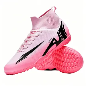 2026 new Gradient Pink Wing-Print High-Ankle Football Cleats | Breathable Stretch Knit, Non-Slip Rubber Turf Outsole for Sports Training