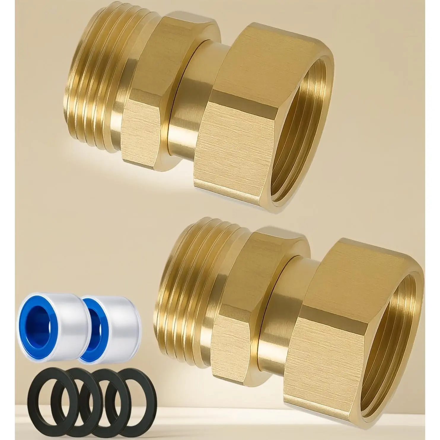 360 °   Swivel Garden Hose Connector 2 Pack |   3/4" GHT Solid Brass Male to Female Hose Adapter, Anti-Kink & Leak-Free Hose Coupler with Sealing Washers and PTFE Tape