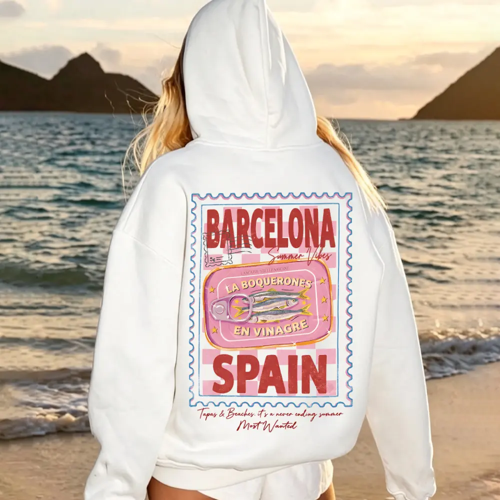 Barcelona Tinned Fish Graphic Hoodie, Vintage Style Unisex Pullover in a Soft Cotton Blend Fabric, A Casual Streetwear Essential, Long Sleeve, Vintage Chic