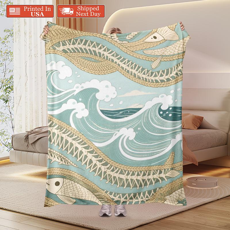 Japanese Great Wave Skeleton Fish Blanket: Ukiyo-E Inspired Ocean Art Throw With Coastal Vibes, Ultra Soft Plush Fleece Blanket Printed In USA For Nautical Decor Lovers