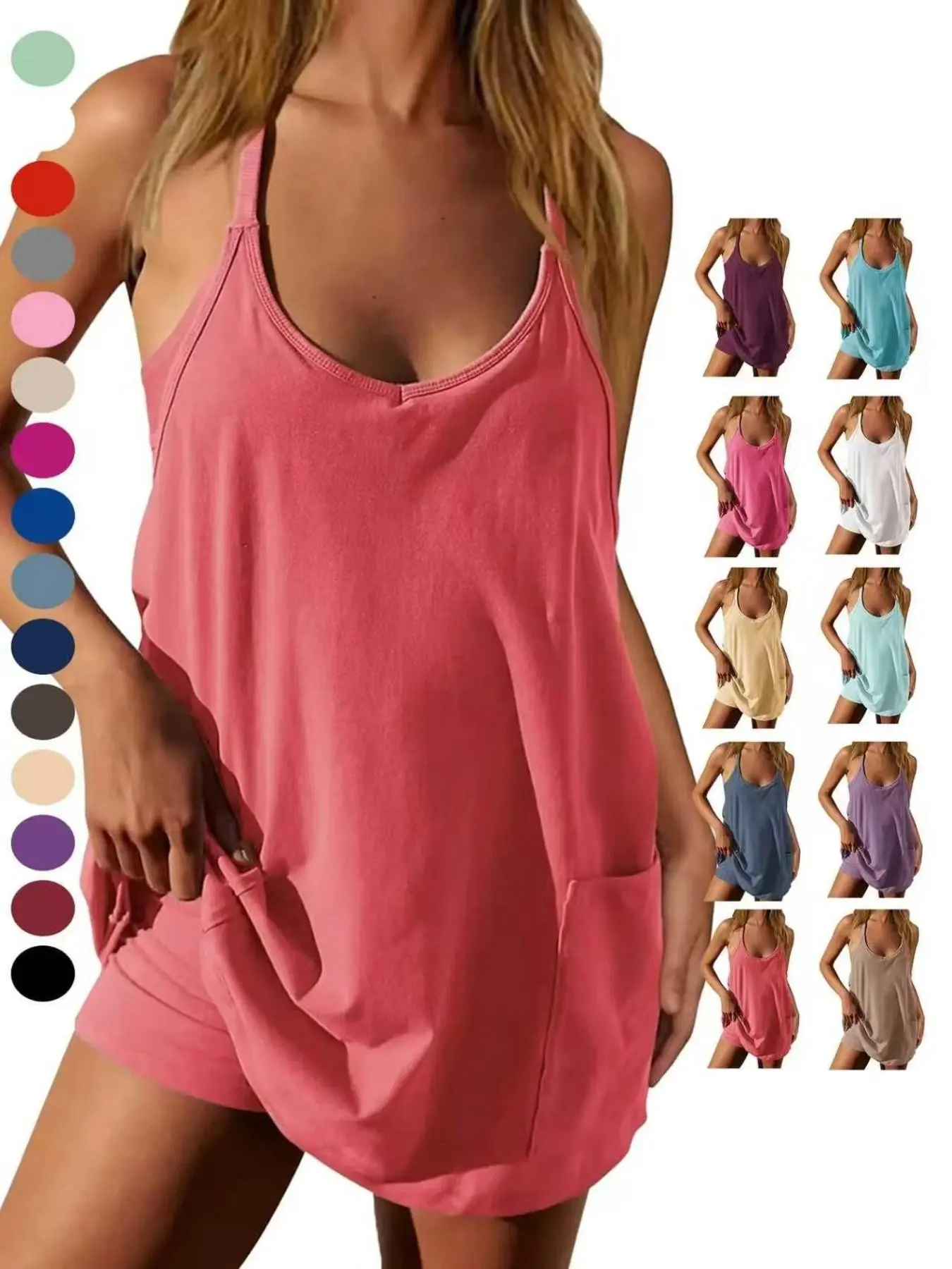 Women's Summer Sleeveless Mini Dress with Built In Shorts, V Neck Spaghetti Straps, Casual Loose-Fitting Dress with Pockets