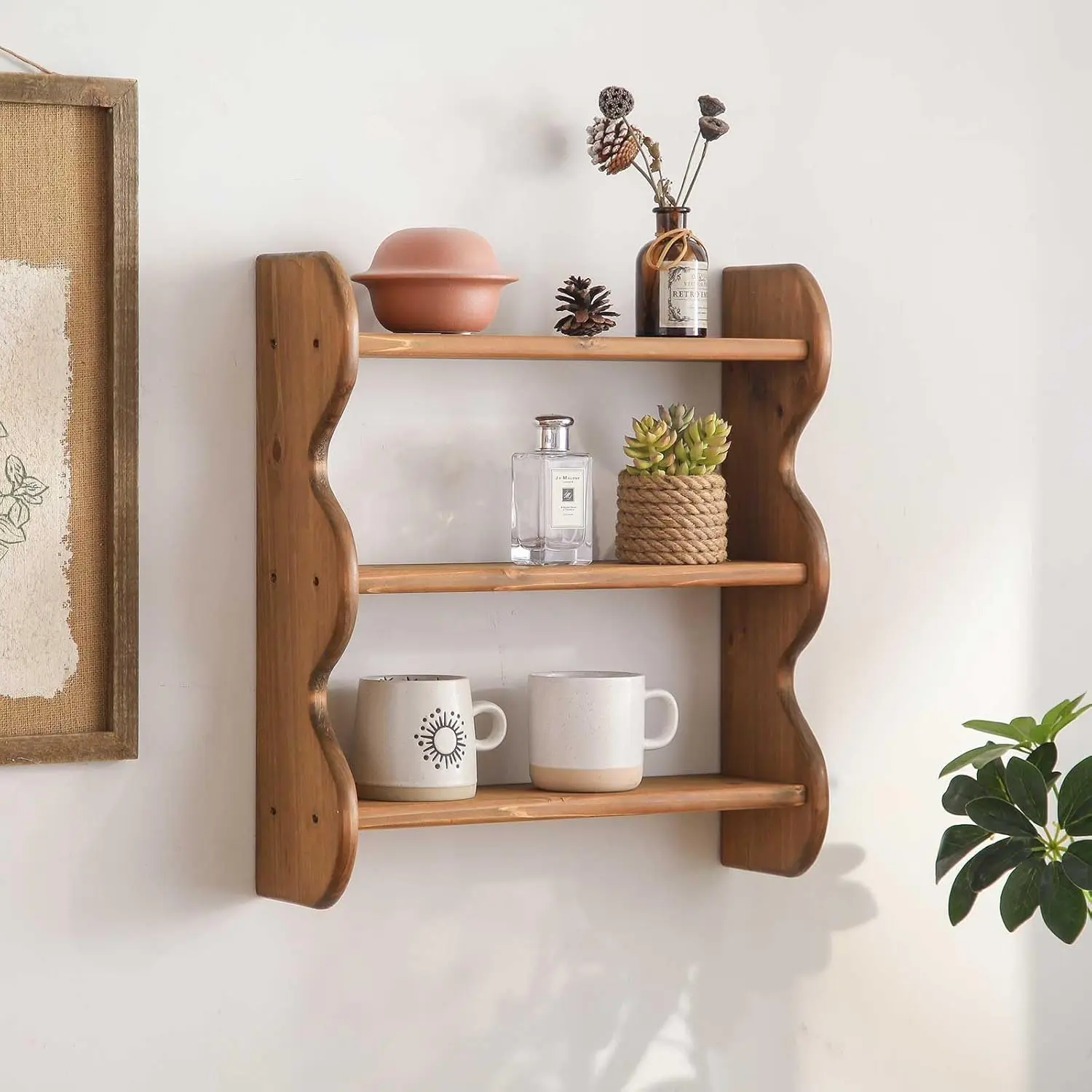 BoDoux 100% Solid Wood Wall Shelf 3-Tier, Rustic Floating Shelves Wall Mounted Storage Rack, Farmhouse Decor Hanging Shelf Display Shelves for Apartment, Living Room and Bedroom