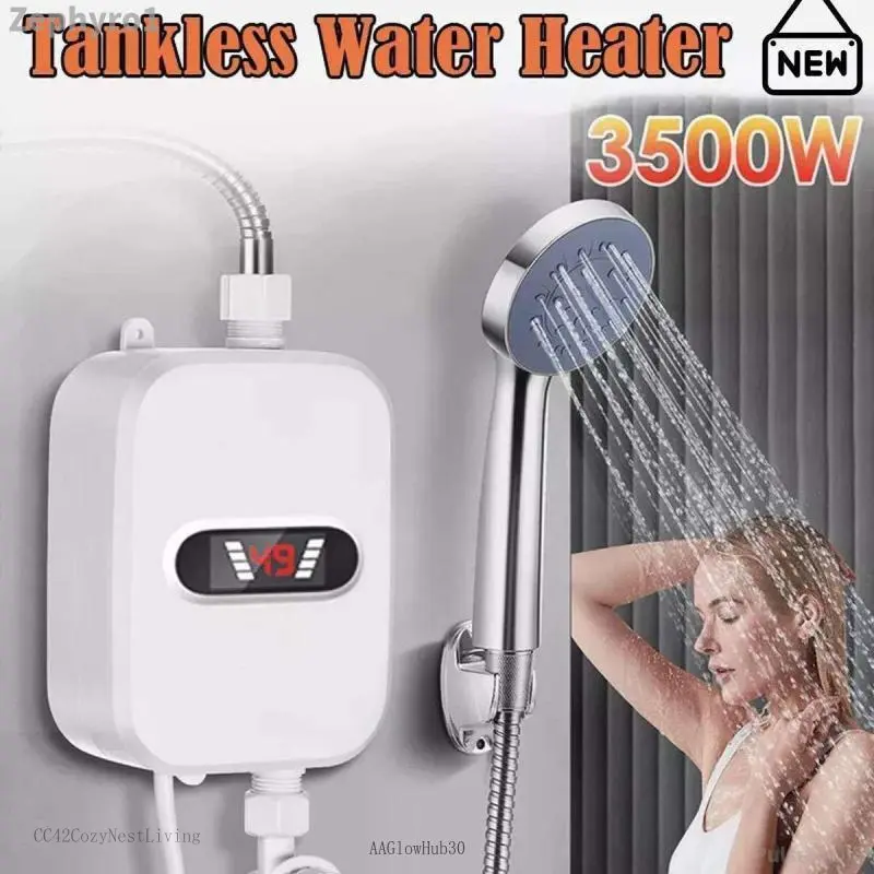 Electric Tankless Water Heater, 3500W 110V Instant Hot Water Heater with Handheld Shower Head and Hose Set, LED Touch Screen Switch Adjustable Temperature for Bathroom Kitchen - WhiteZephyroPulseTrail5AAGlowHub30CC42CozyNestLiving