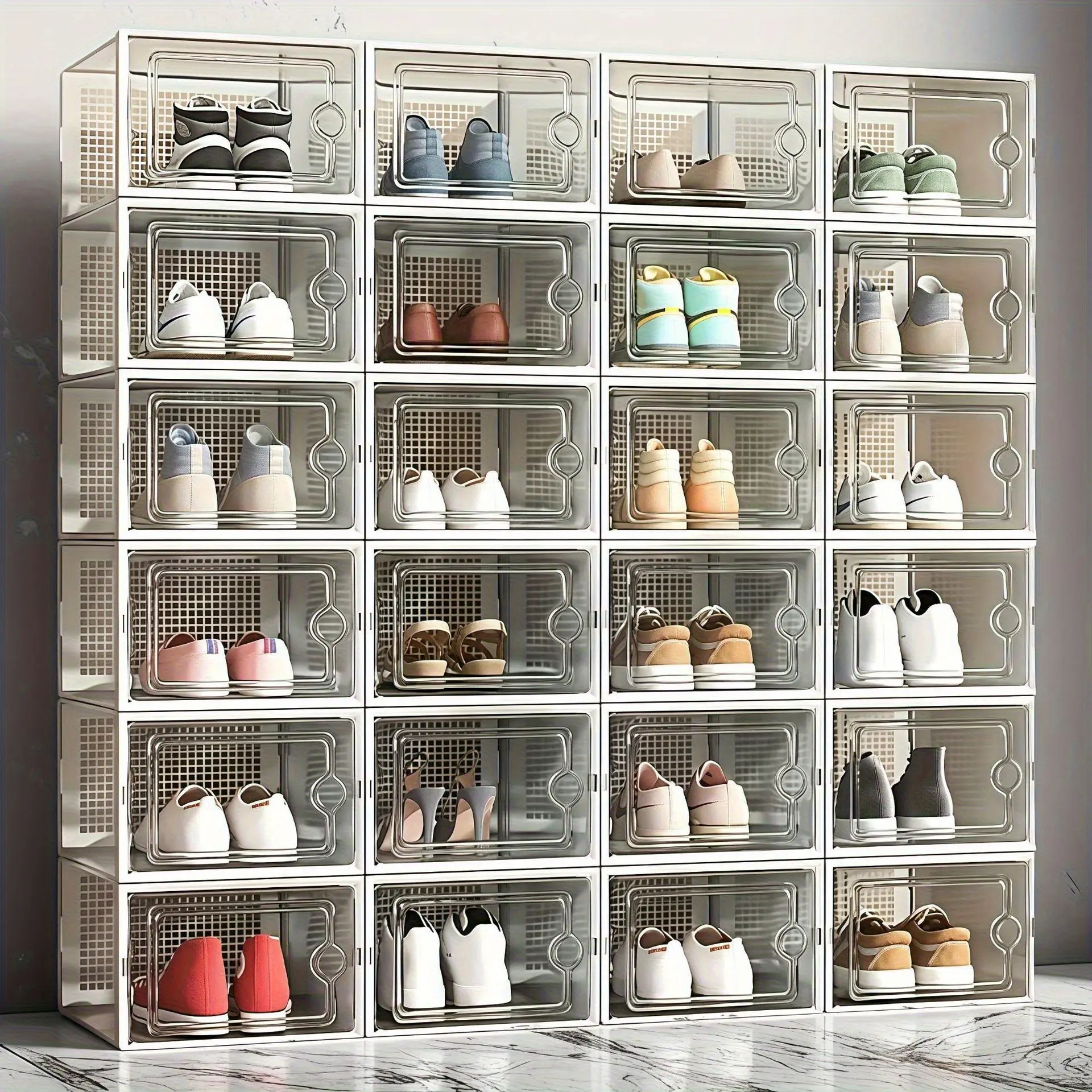 24-piece set of thick, durable, transparent shoe boxes made of plastic, high-transparency storage boxes for shoes, foldable, popular online shoe racks for home use, moisture-proof and dust-proof, perfect for placing shoes at the entrance