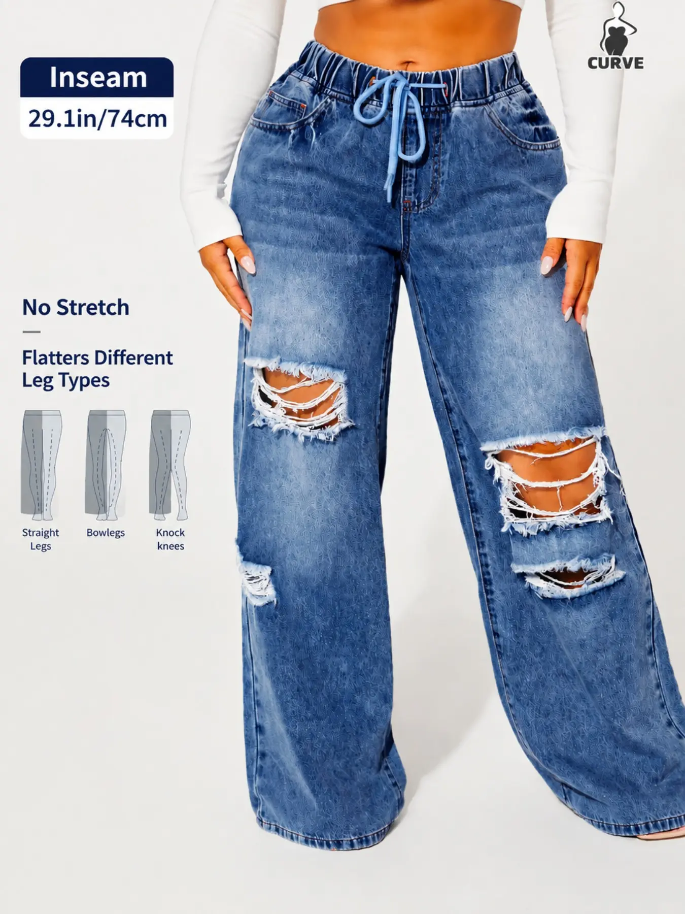 Women's Plus Size Ripped Denim Jeans, High-Waist Elastic Waist Drawstring, Loose Baggy Oversized Long Denim Pants, Casual Y2K Streetwear, All Seasons Wear, Bottoms