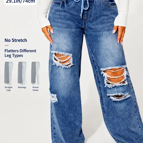 Women's Plus Size Ripped Denim Jeans, High-Waist Elastic Waist Drawstring, Loose Baggy Oversized Long Denim Pants, Casual Y2K Streetwear, All Seasons Wear, Bottoms
