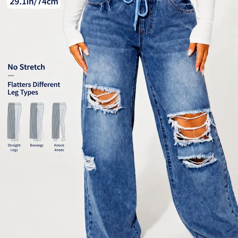Women's Plus Size Ripped Denim Jeans, High-Waist Elastic Waist Drawstring, Loose Baggy Oversized Long Denim Pants, Casual Y2K Streetwear, All Seasons Wear, Bottoms