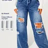 Women's Plus Size Ripped Denim Jeans, High-Waist Elastic Waist Drawstring, Loose Baggy Oversized Long Denim Pants, Casual Y2K Streetwear, All Seasons Wear, Bottoms