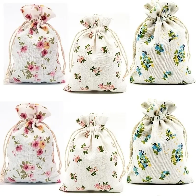 10 Pcs Floral Linen Gift Bags, Natural Tie-Top Pouches for Jewelry, Candy, Cosmetics, Small Gifts, High-Quality Storage Bags