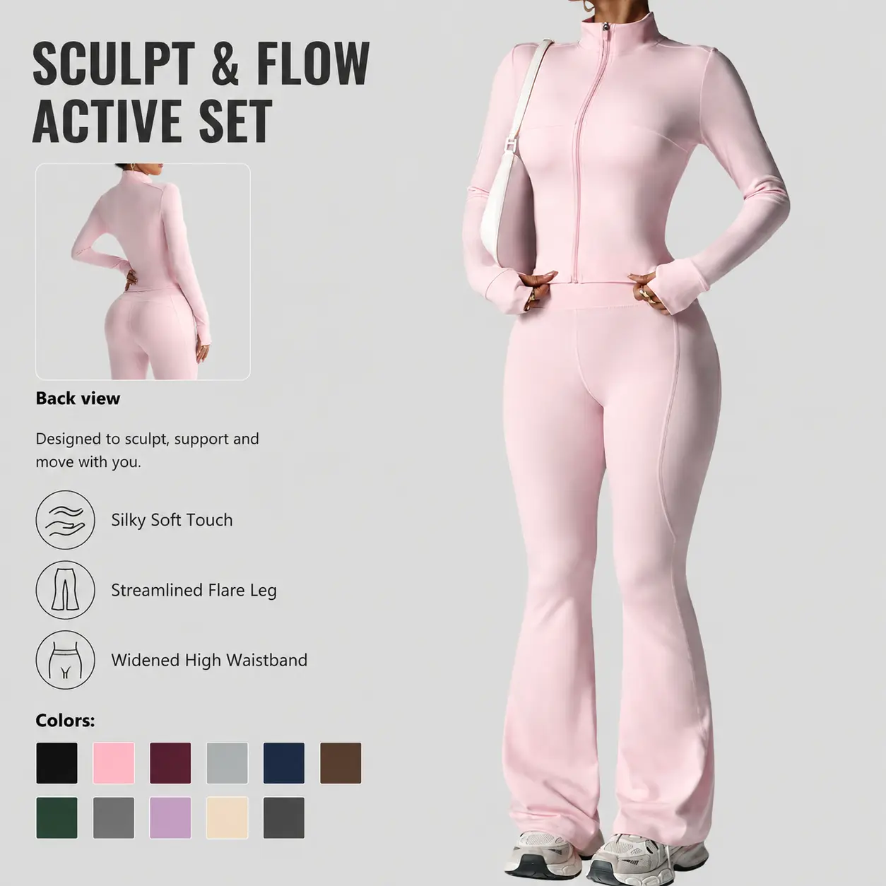 Women's 2-Piece Naked-Feel Yoga Set - Zippered Long-Sleeve Jacket, High-Waisted Flared Pants, Soft-Touch Performance Activewear for Fitness,solid,halter,top,trouser,legging