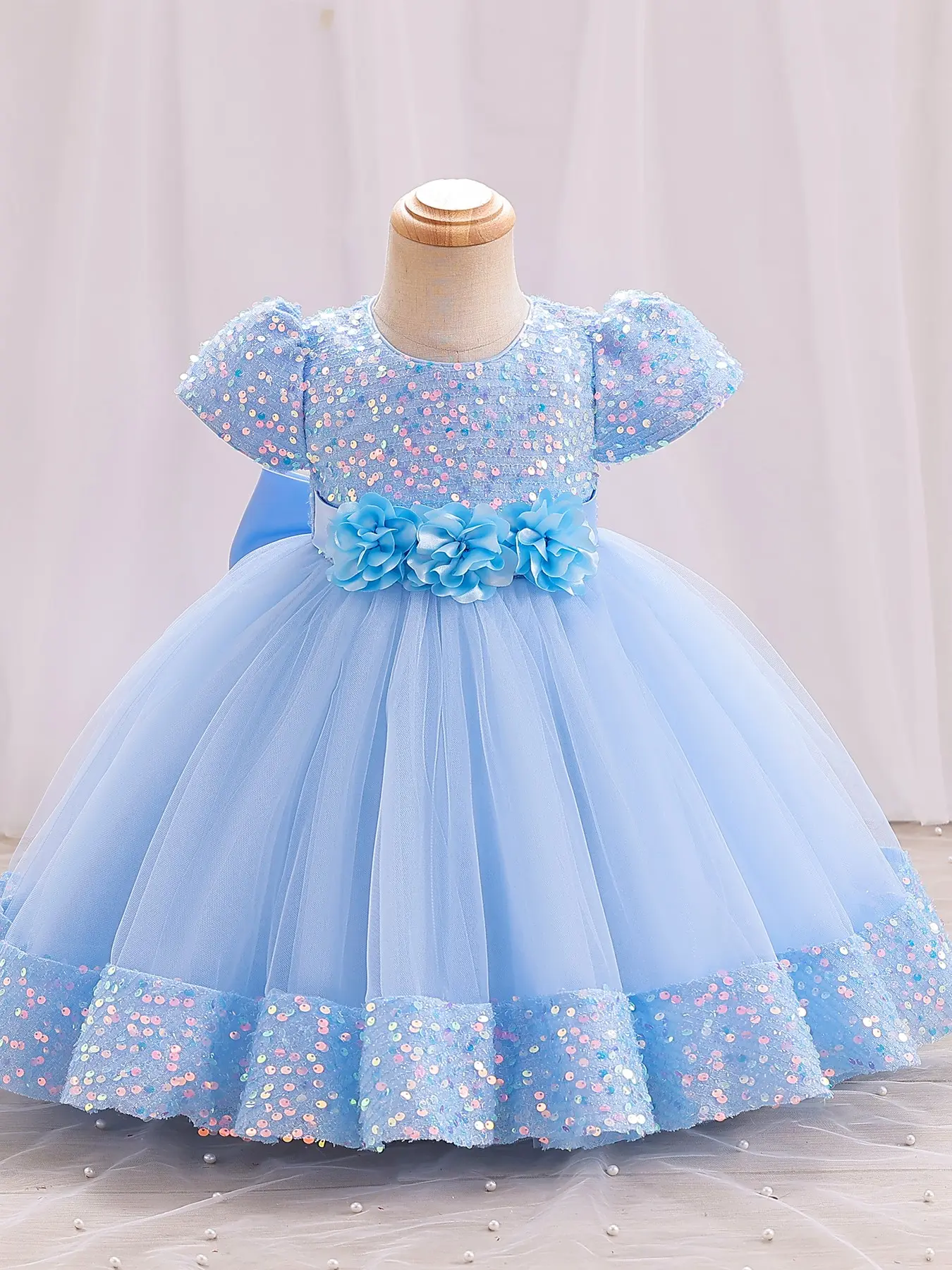 Girls Sequined Tulle Princess Dress, Puff Sleeve Floral Bow Formal Gown, Toddler Kids Little Girl Dress Birthday Party Wedding Pageant Costume