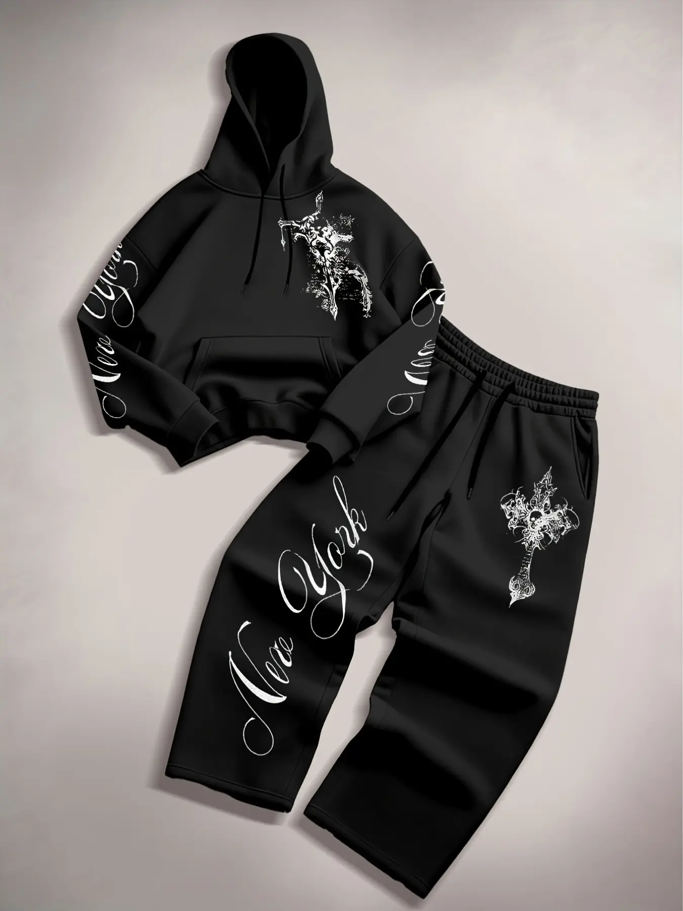 Y2K Dark Aesthetic Tracksuit, Lounge Tracksuits, Hooded Sweatshirt Sweatpants Set, Breathable Wrinkle-proof Fabric with Arm Lettering & Tribal Cross Details, Loose Casual Loungewear Perfect for Home Relax Weekend Gathering Everyday Layering Wear