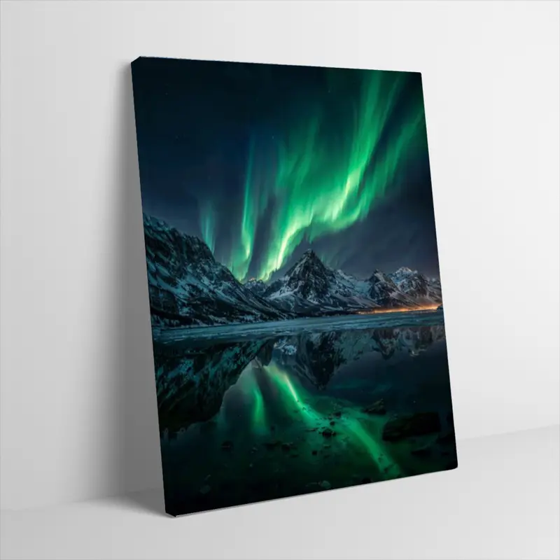 Aurora Borealis Northern Lights Poster Canvas Wall Art Beautiful Green Night Sky Mountain Reflection Lake Nature Landscape Photo Print Wall Decor for Living Room Bedroom Office Unframed