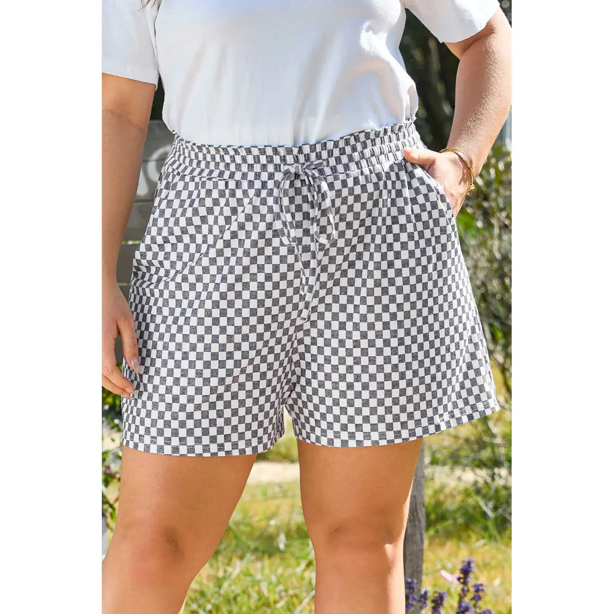 Women's Plus Size Plaid Adjustable Lace-Up High-Rise Fit Fashion Casual Daily Summer Bottoms Shorts, Everyday, High Waist, Fitted, Style, Checkerboard, Durable Fabric, Comfortable, Clothes