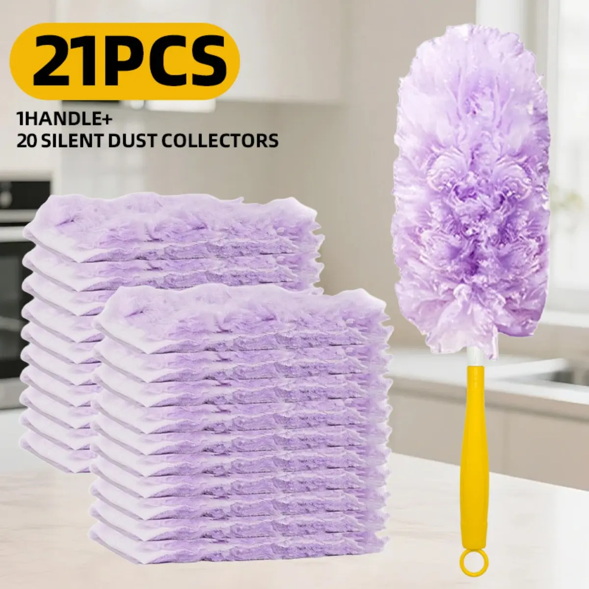 Instant Dust Trap Disposable Static Feather Duster Kit 11/21Pcs with Ergonomic Handle, No-Wash Fluffy Refill Heads for Crevices Baseboards Blinds, Quick Deep Clean Life Hack for Renters, Home Cleaning Supplies