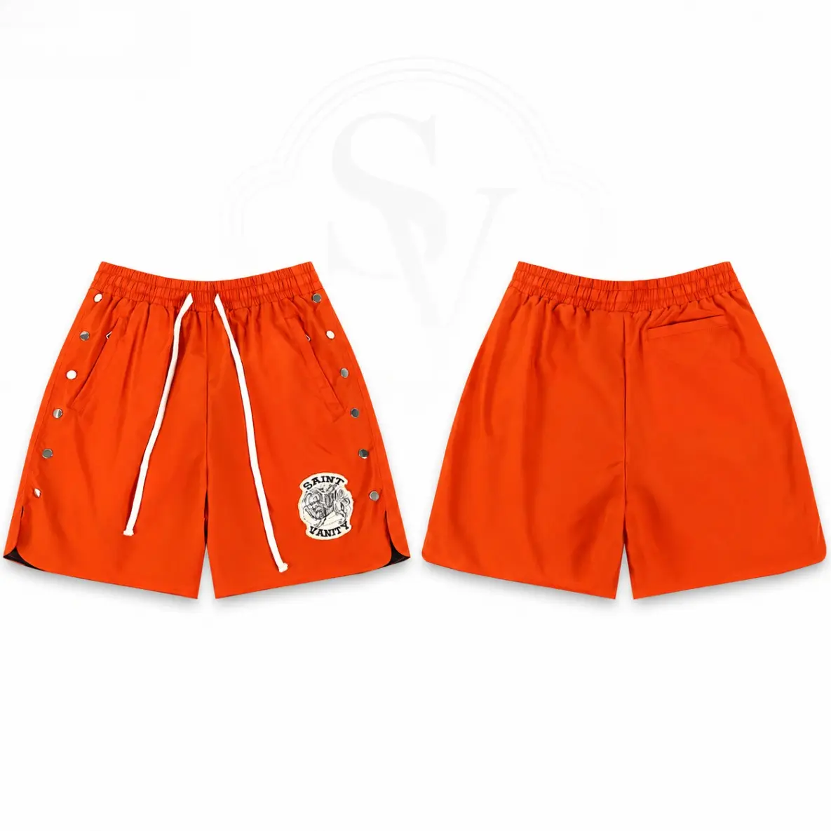Saint Vanity Orange Nylon Shorts, Premium Metallic Snap Button Vibrant Swim Trunks for Men, Unisex Relaxed Fit Sports Boardshorts with Embroidered Patch, Trendy High-Street Waterproof Summer Clothes