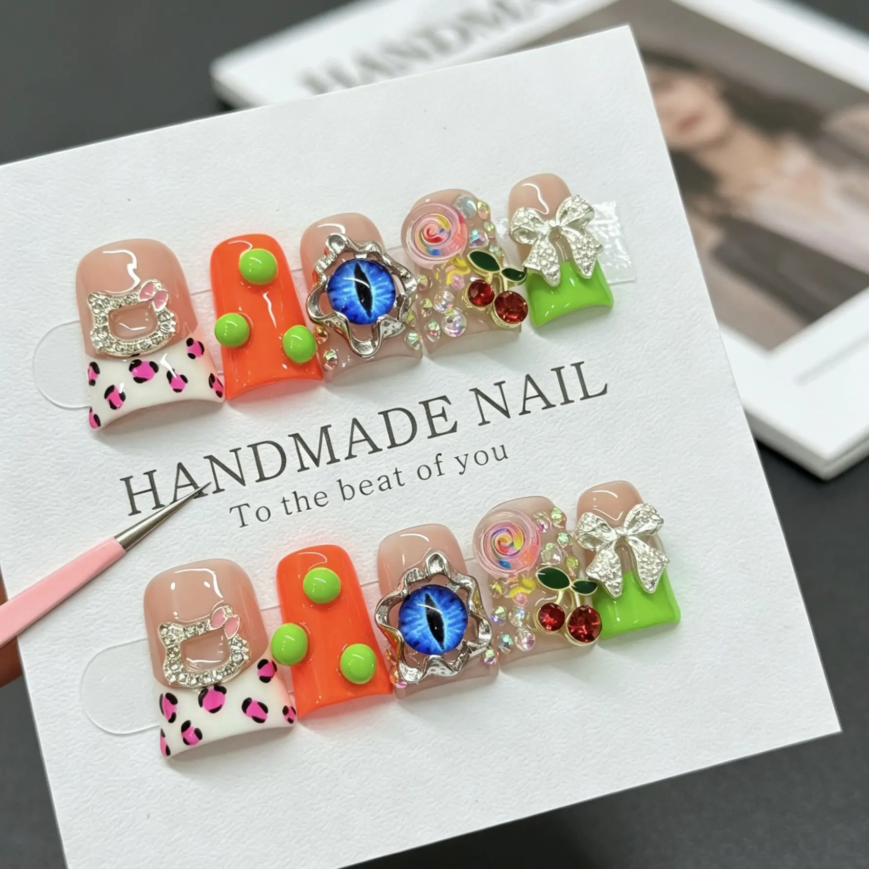Handmade Y2K Grunge Duck Press On Nails 3D Evil Eye Cherry Lollipop Rhinestone Bow Pink Leopard Print Neon Orange Green French Tip Glossy Egirl Punk Reusable False Nails For Festival Club Party Street Date