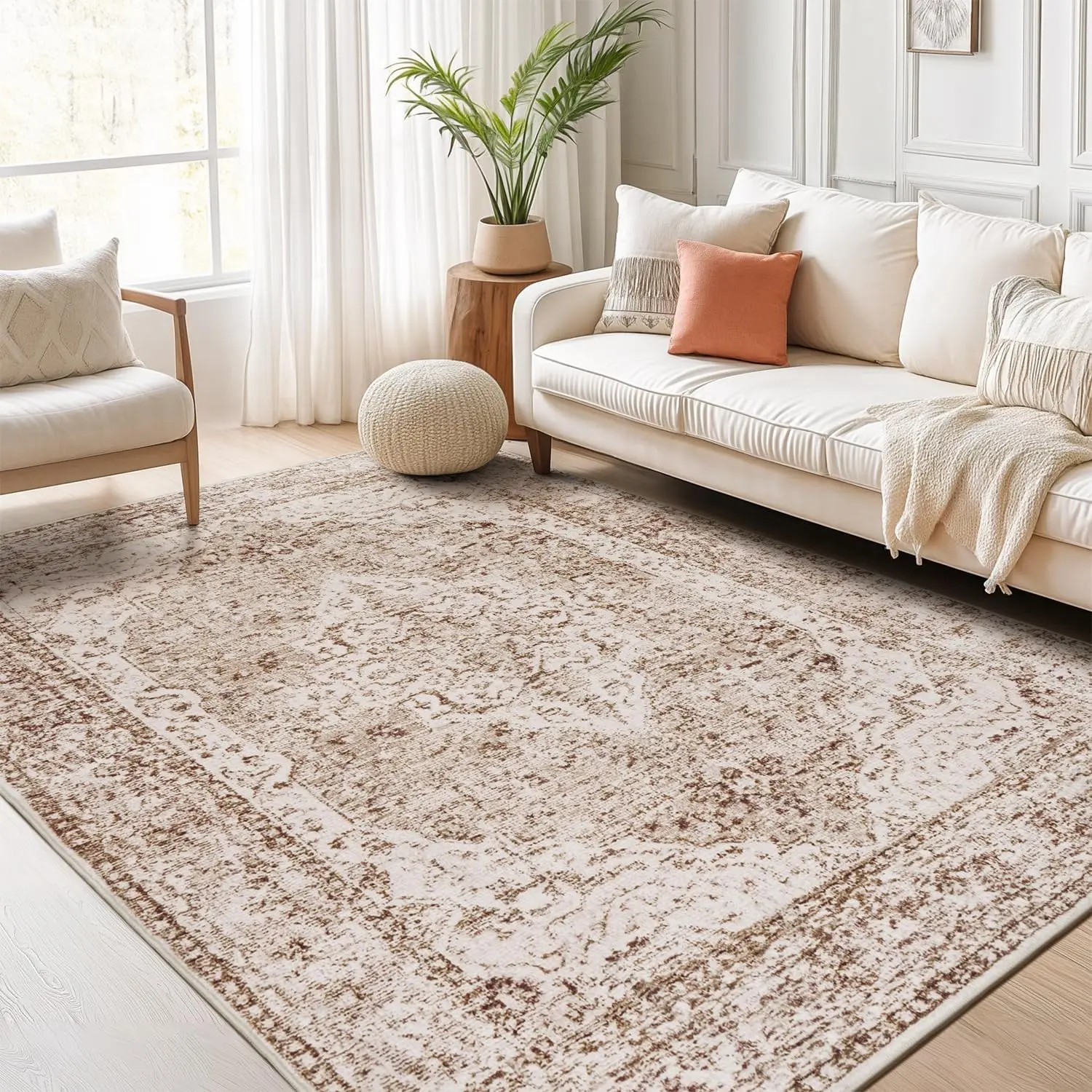 5x7 Vintage Boho Low Pile Rug, Washable Non-Slip Soft Skin-Friendly Stain-Repellent Retro Look Carpet for Living Room, Bedroom, High-Vacuuming Large Rug for Home Spaces