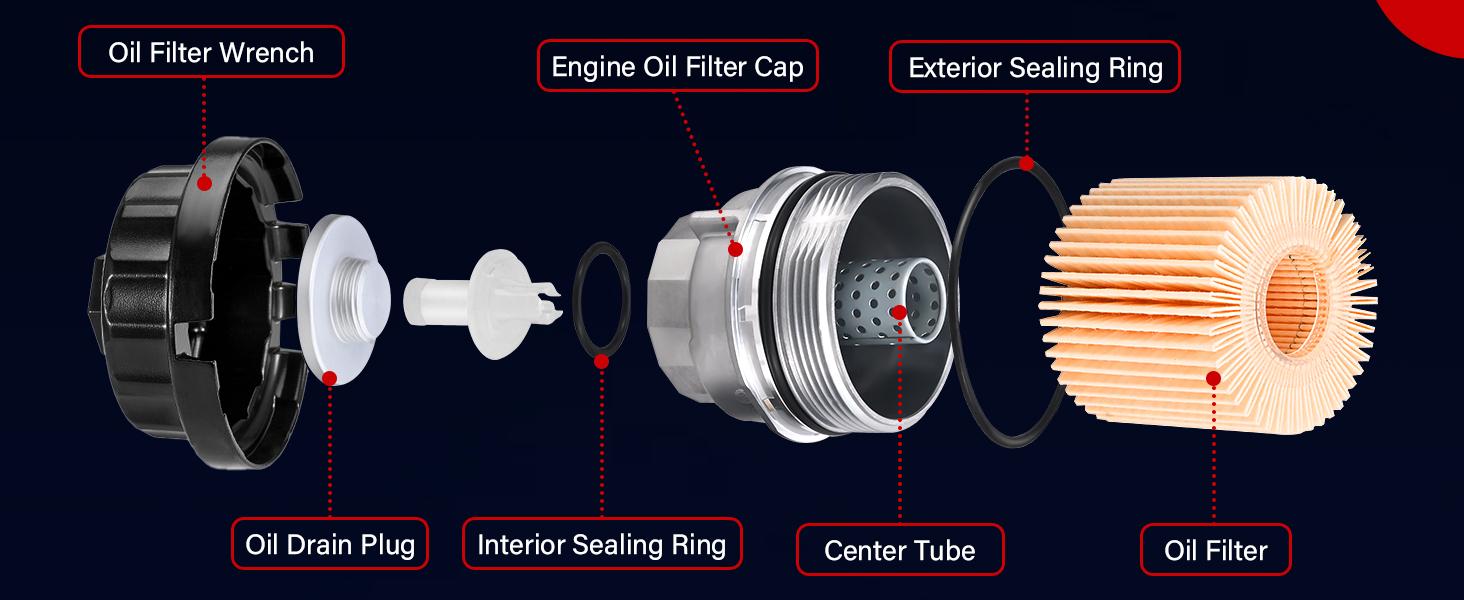 15620-31060 Oil Filter Housing Cap Assembly Kit for Toyota Rav4 Tundra 4Runner Camry Highlander Tacoma Lexus RX350 Aluminum Oil Filter with Wrench Drain Plug Replace 1562031060 15643-31050 04152-YZZA1