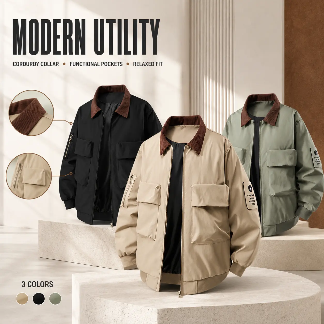 Men's Cargo Bomber Jacket With Corduroy Collar, Vintage Workwear Outerwear