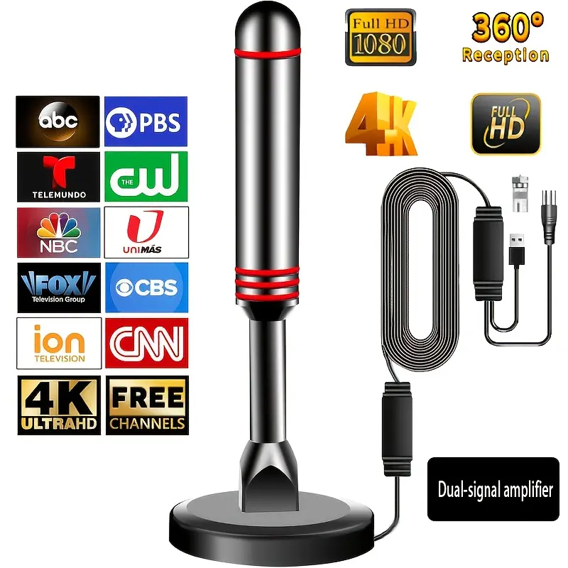 High Performance Indoor HDTV Antenna with Magnetic Base, 360° Omni-Directional Reception, Built-in Signal Booster Supports 4K 1080P Free Local OTA Channels, 5.3 Inch Compact Portable TV Antenna for Home, Apartment, Bedroom, Dorm, RV & Camper