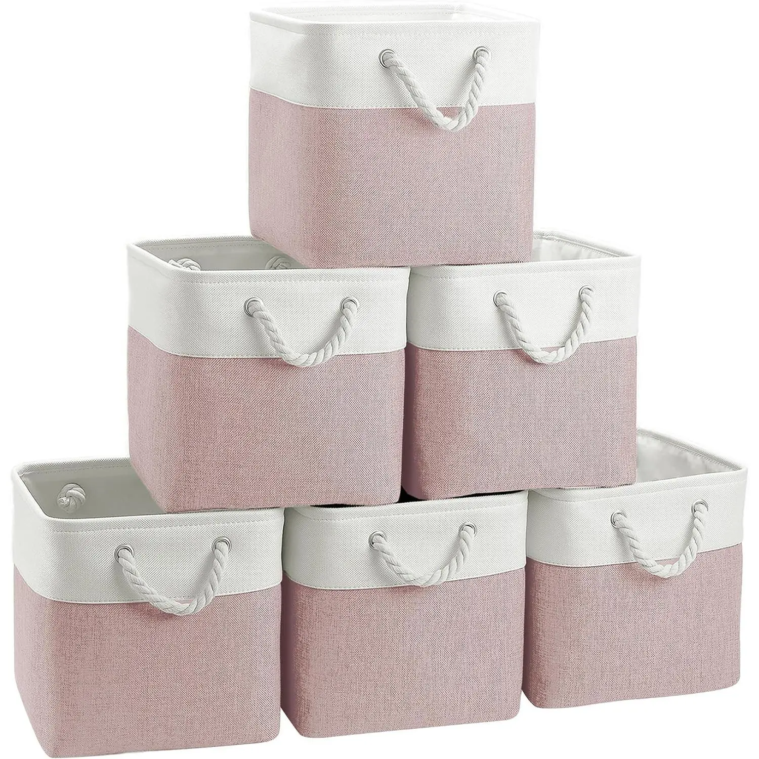 Linen Decorative Cube Storage Bins Organiser Baskets, 6-Pack 11x11in with Cotton Handles for Closet, Shelves (White/Pink) Gift Boxes