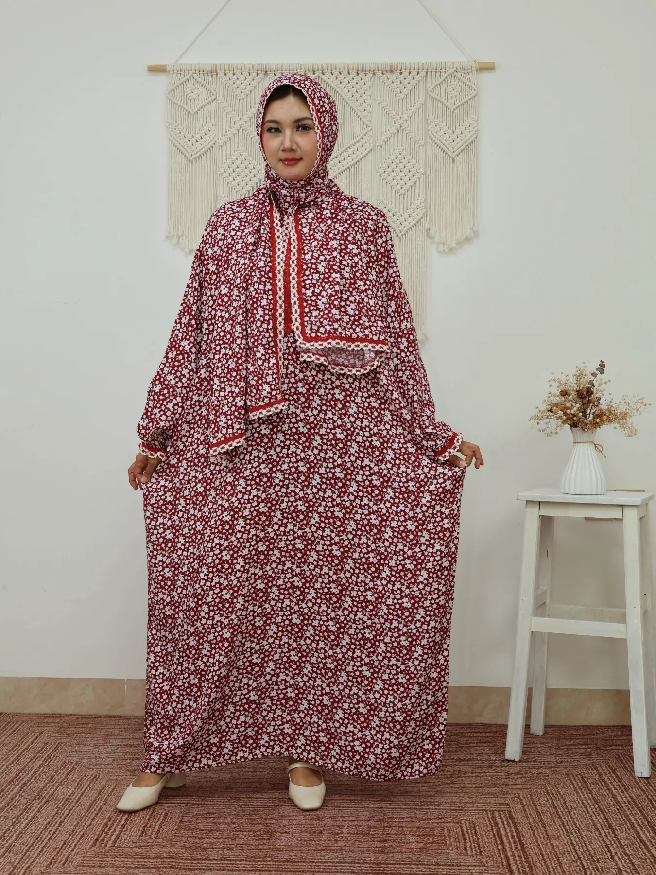 Women's Ditsy Floral Print Contrast Lace Zipper Long Sleeve Arabian Dress with Hijab, Elegant Drop Shoulder Long Dress for Muslim, Ladies Islamic Clothing for All Seasons