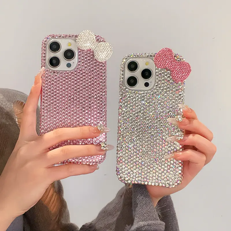 Suitable for iPhone 17/16 (6.6 inches) mobile phones, 3D shiny crystal rhinestone phone case with cute bow, light pink transparent protective accessory, women's handheld smartphone device, soft TPU shockproof protective case fashion case