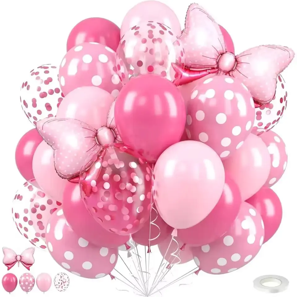 31PCS Pink Bow Balloon, Hot Pink Dot Bow Aluminum Film Balloon and Colored Paper Balloon with Ribbon, Girls Birthday Party Decoration, Balloon Decorations Kit