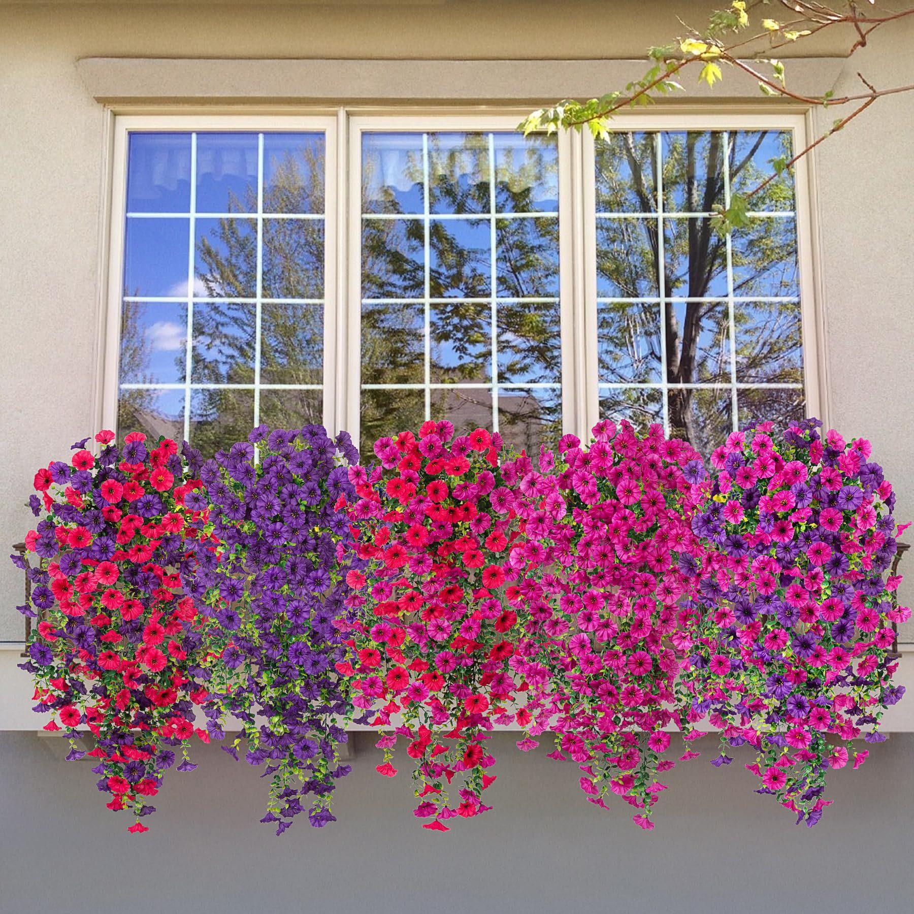 2 PCS Artificial Fake Hanging Flowers Plants for Outdoor Spring Decoration,Hanging Dendrobium Orchid Purple Flowers- Resistant Realistic Morning Glory Trailing Vines for Home Porch Patio Balcony