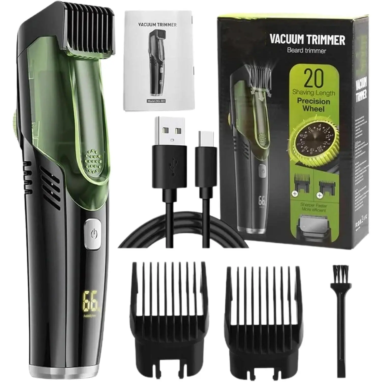 Men's Stainless Steel Face Shaver, Travel Size Grooming Kit with Hair Collection System, ABS Body, 2 Combs, and USB Port, Rechargeable, Vacuum Beard Trimmer, Accurate Trim