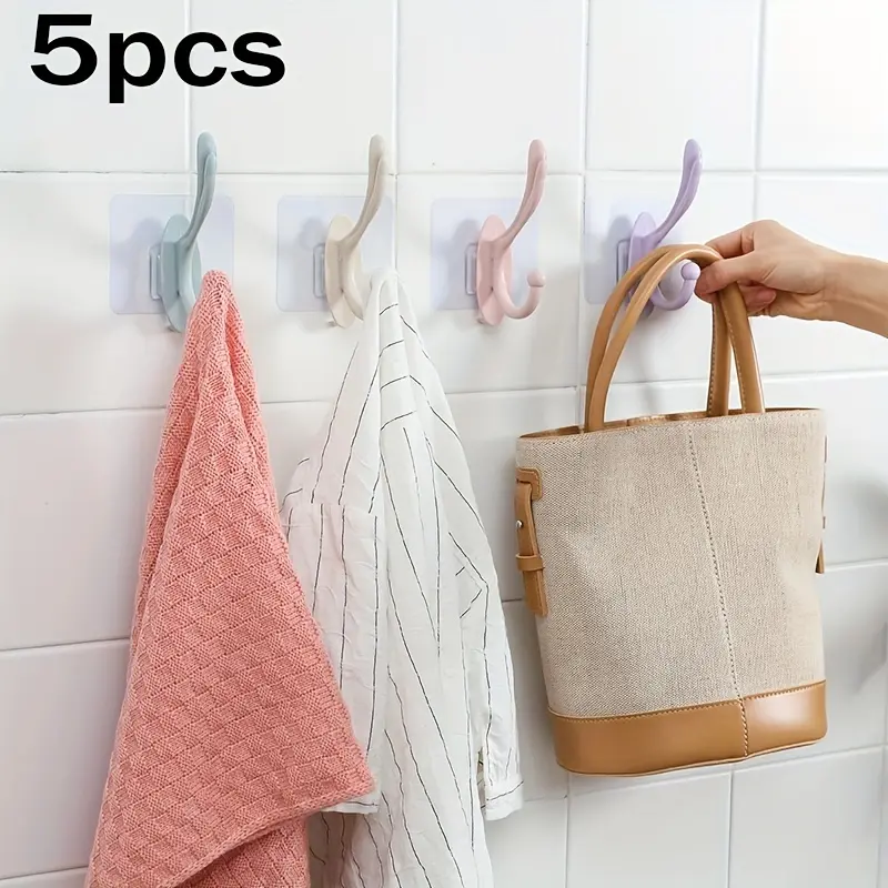 5 PCS Plastic Self Adhesive Wall Hooks, Nail-free Clothes Hooks, Punch-free Double Hook Hanger, Wall Hanging Coat Hook, Bathroom Accessories