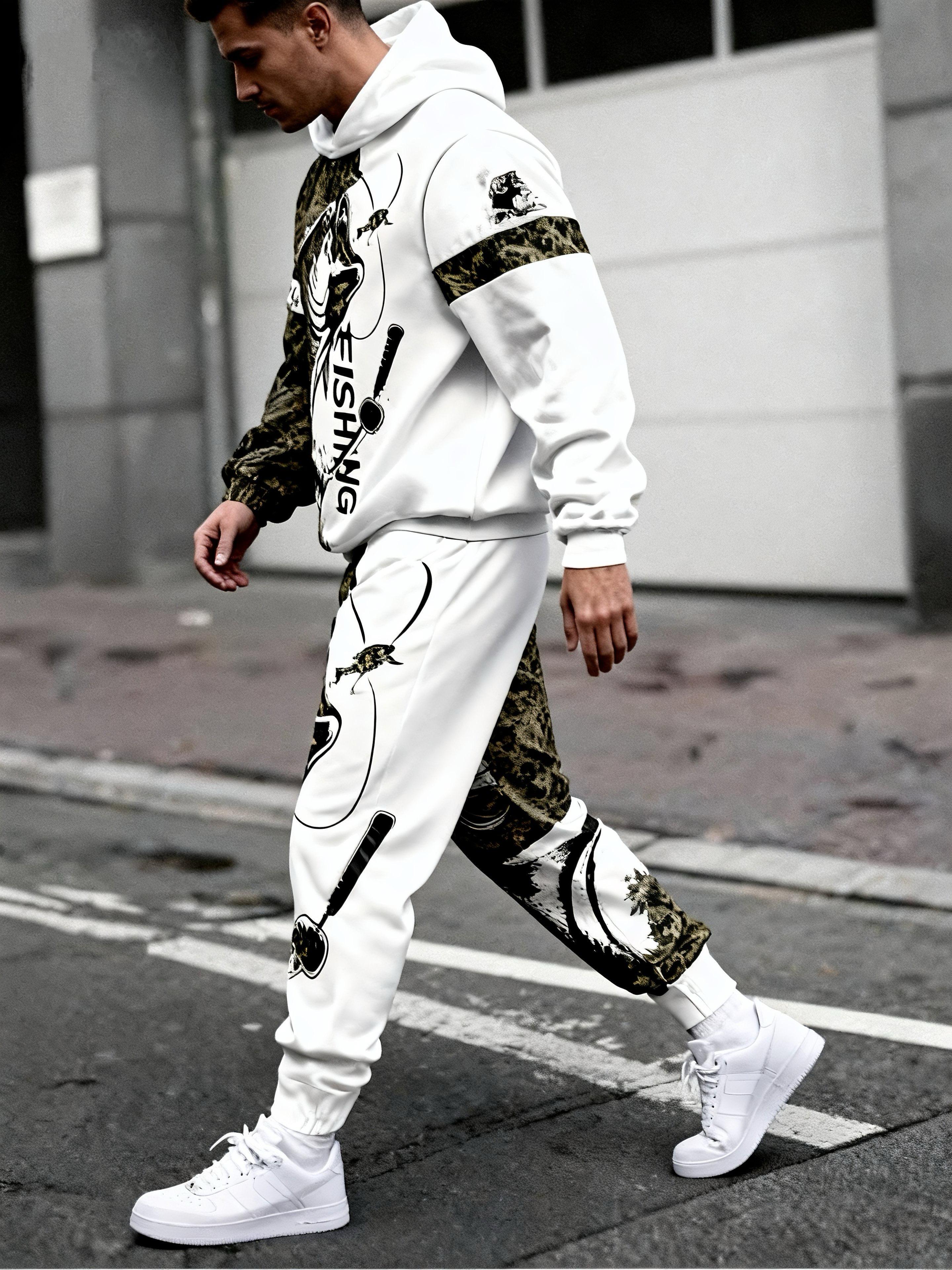 European and American men's digital printed hooded sweatshirt+pants set - salmon print camouflage splicing, fashionable running casual two-piece set