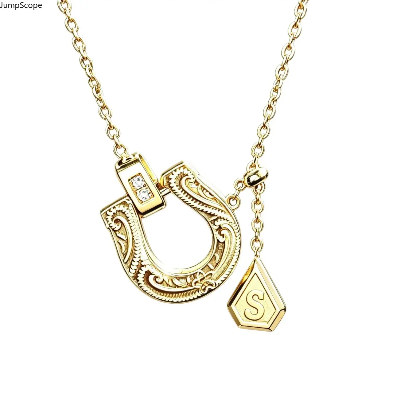 14K Gold Plated Engraved Horseshoe Initial Letter A-Z Necklace For Women, Western Cowgirl Lucky Two-Charm Stackable Collarbone Chain Personalized Birthday Gift For Her