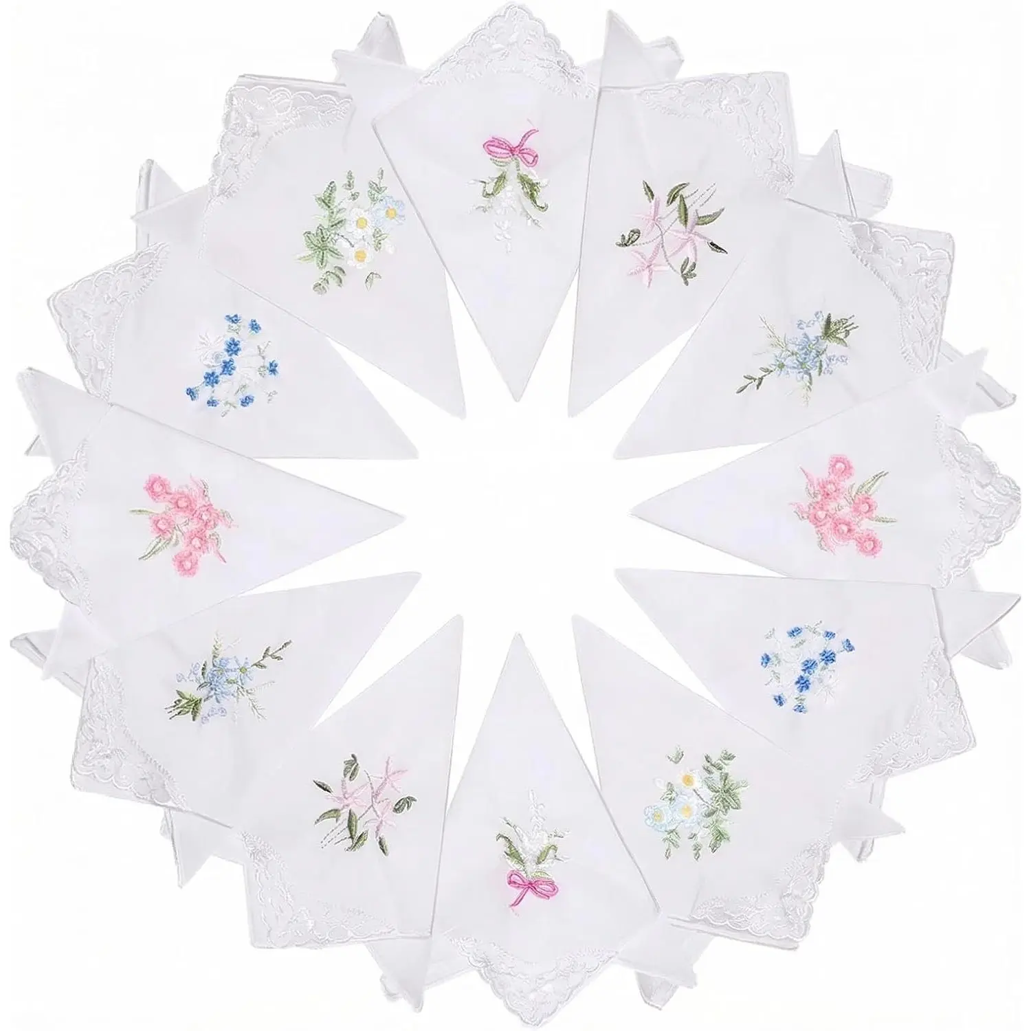 Women's 12-Pack White Cotton Handkerchiefs with Lace Trim, Soft Square Shape for Everyday Use, 11x11 Inch