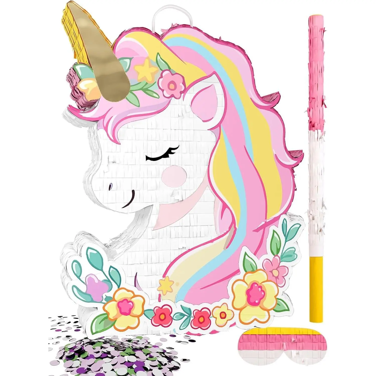 Magical Rainbow Unicorn Piñata for Girl's Birthday Party, Princess Party Decoration with Wood Stick, Blindfold & Confetti (15.6"x12.6"x3.1")