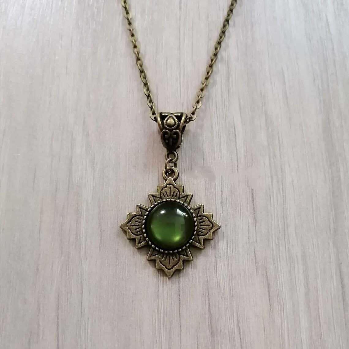 Vintage Necklace Bronze Cross Pendant with Green Stone Medieval Victorian Gothic Style