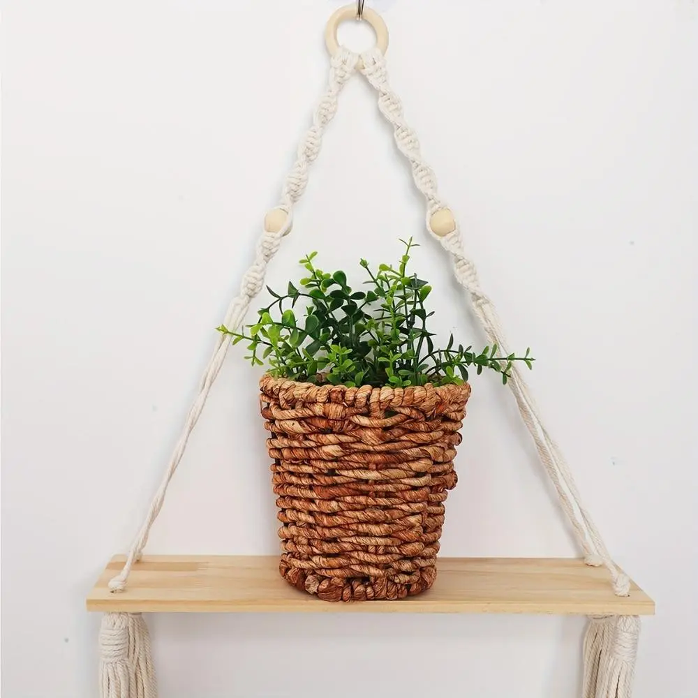 Bohemian Macrame Hanging Shelves, Handmade Wooden Floating Rope Shelving, Wooden Shelf for Wall, Tassel Decorative Storage Solution for Home & Office, Wall Rack
