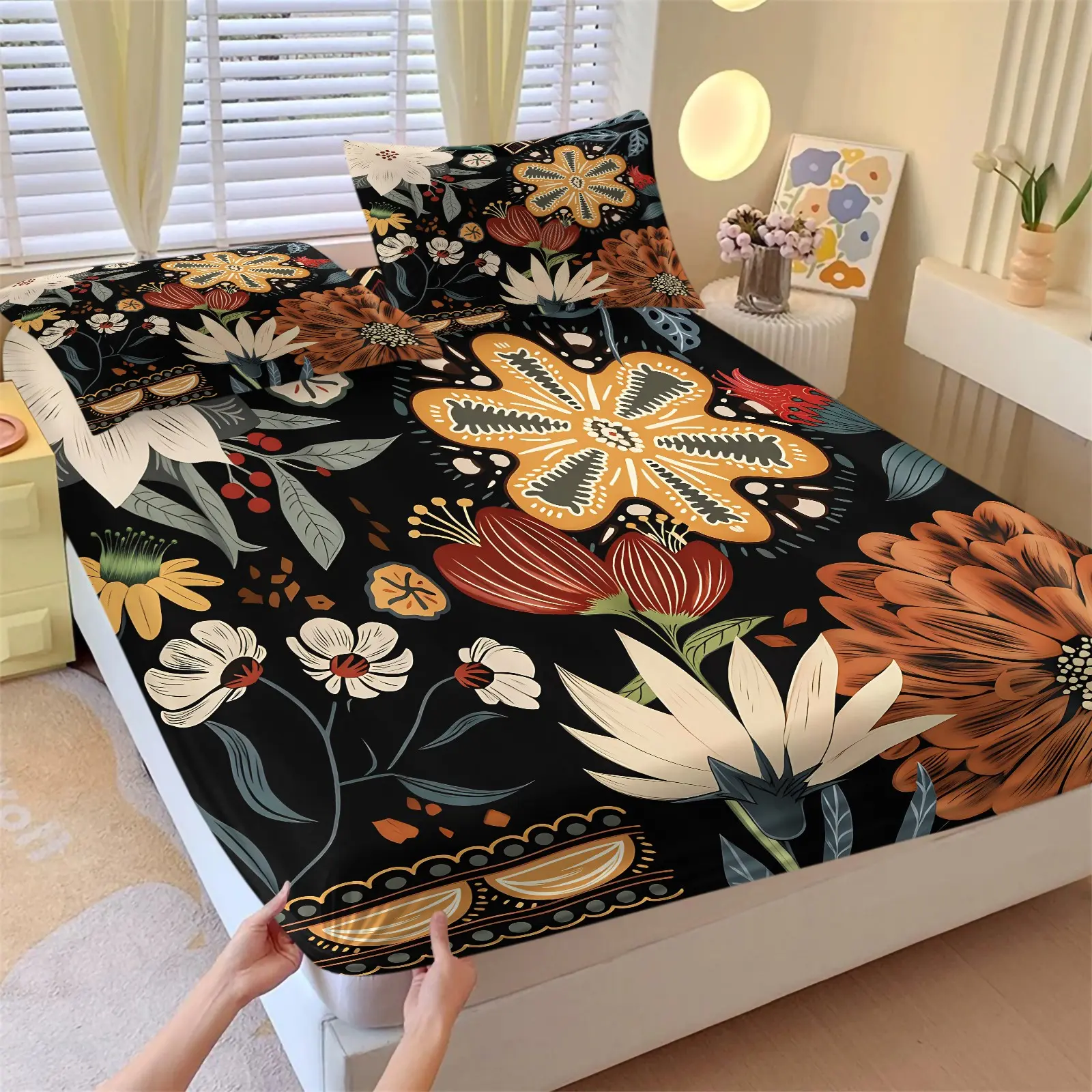 Boho Folk Retro Floral Fitted Sheet Set, 1 Fitted Sheet + 2 Pillowcases - 3 Piece, Soft Microfiber Deep Pocket Design, Black Sheets, Bohemian Aesthetic Mid Century Green Botanical Vintage Orange Flower Bedding