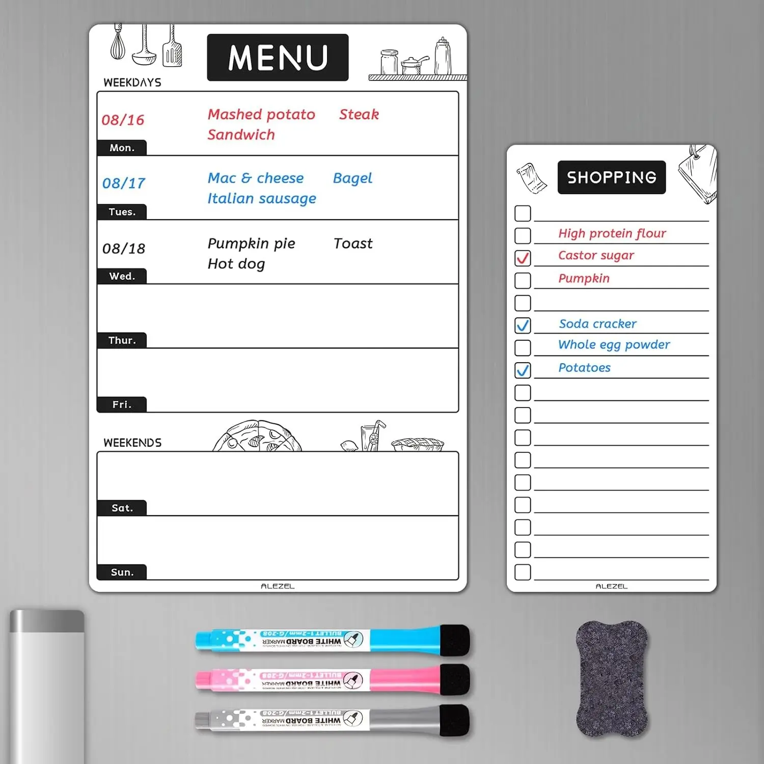 Magnetic Dry Erase Whiteboard Menu Board - Functional Kitchen Tool, Weekly Meal Planner That Fits Fridge, Includes 1 Grocery List, 3 Markers + Eraser