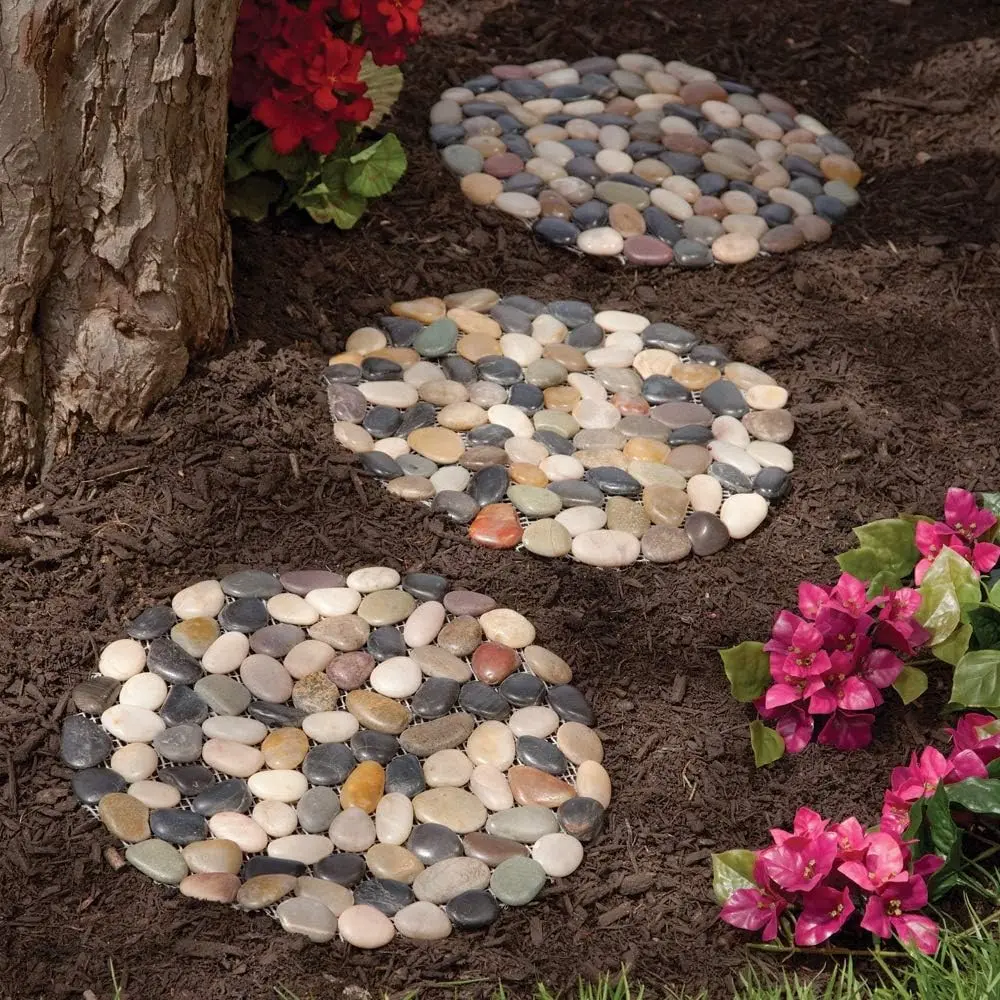 12" River Rock Landscaping Decorative Stepping Stones, Set of 3, Outdoor Walkway Garden Pavers for Backyard Outside Decor