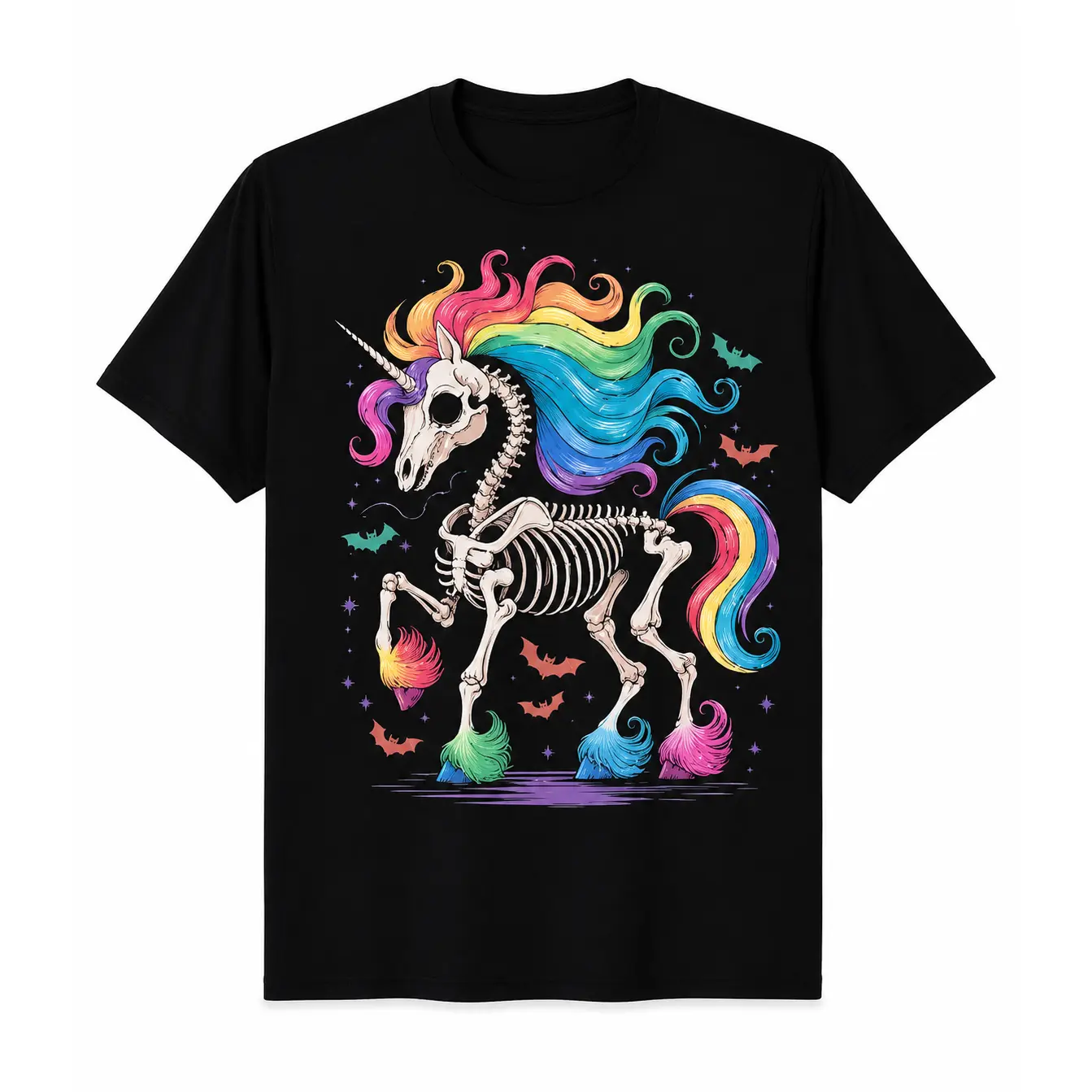 Unisex 100% Cotton Short-Sleeve Rainbow Skeleton Unicorn T-Shirt - Gothic, Halloween, Aesthetic, Colorful Everyday Sports Top, Love, Baggy, Oversized, Shortsleeve, Lightweight, Breathable, Casual
