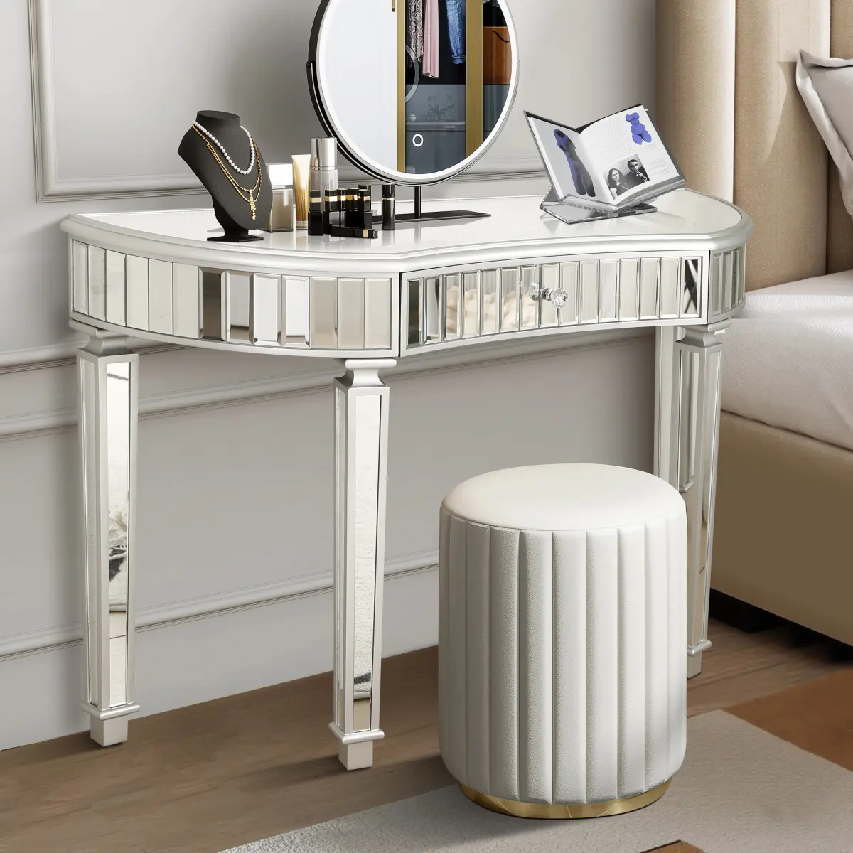 47" Mirrored Console Table Modern Half-Moon Mirrored Vanity Table with Crystal Knob Drawer, Glam Grey Silver Glass Accent Sofa Table for Entryway/Foryer/Corridor/Living Room