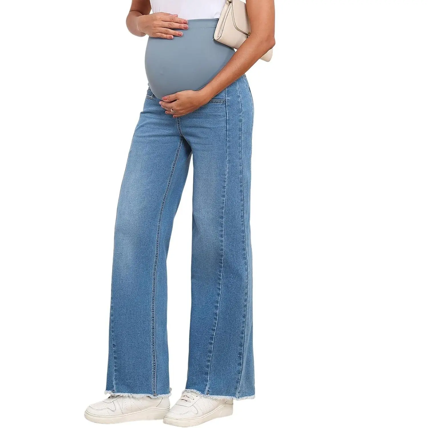 Maternity Jeans for Women Over Belly Straight Leg High Waisted | Stretchy Baggy Work Pants Denim, Boyfriend Cotton Frayed Pregnancy Trendy, Clothes with Pockets