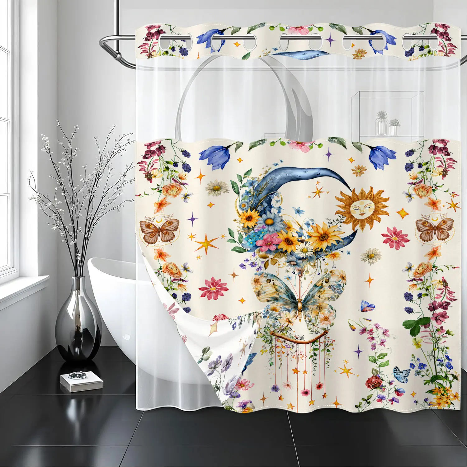 Boho Celestial Sun Moon and Butterfly Floral Pattern Shower Curtain and Liner Set, Double Layer Fabric Bathroom Curtain Set with Snap On Rings and Waterproof Liner, Mystical Bathroom Decor, Botanical Shower Curtain