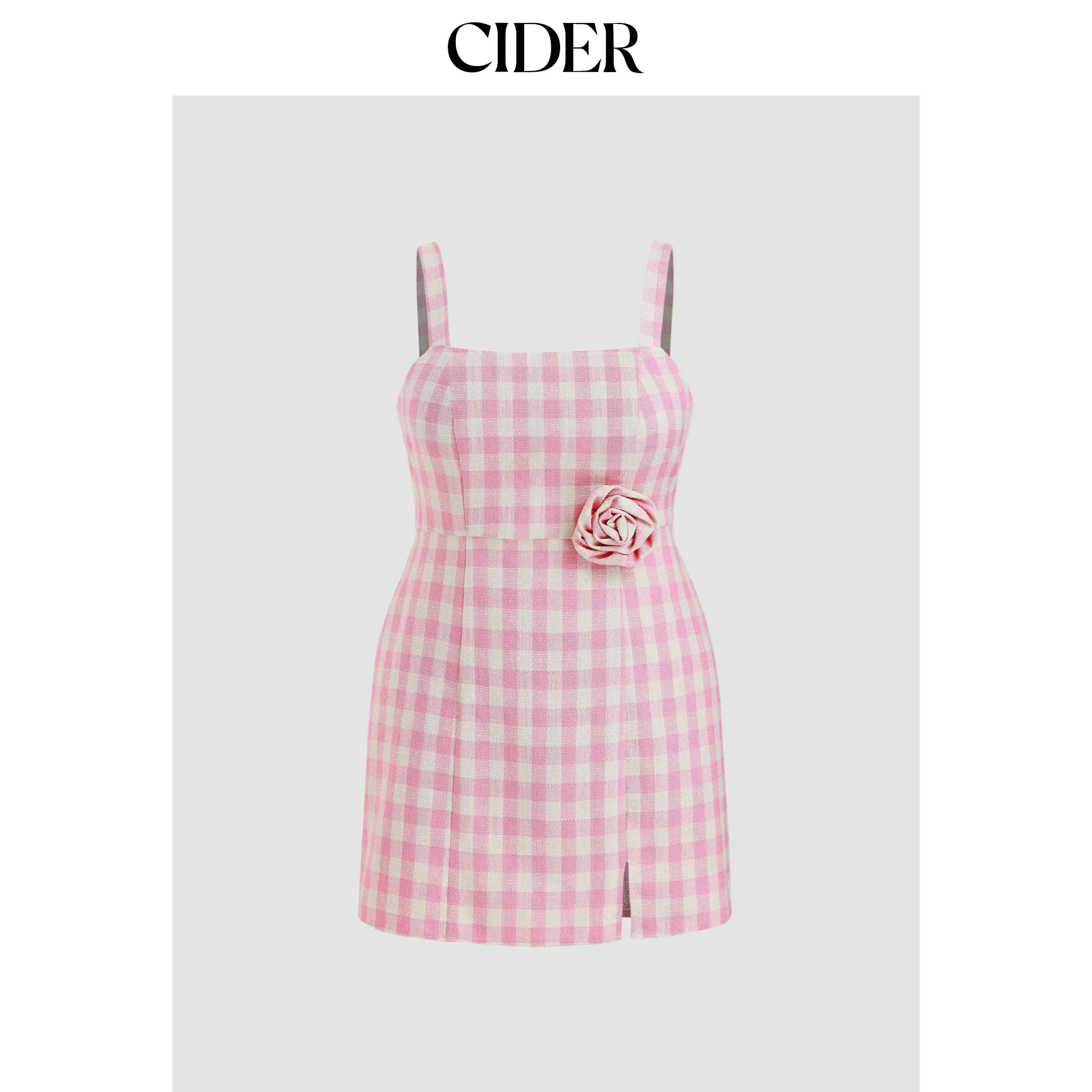 Cider Square Neck Rosette Check Split Mini Dress SummerFinds